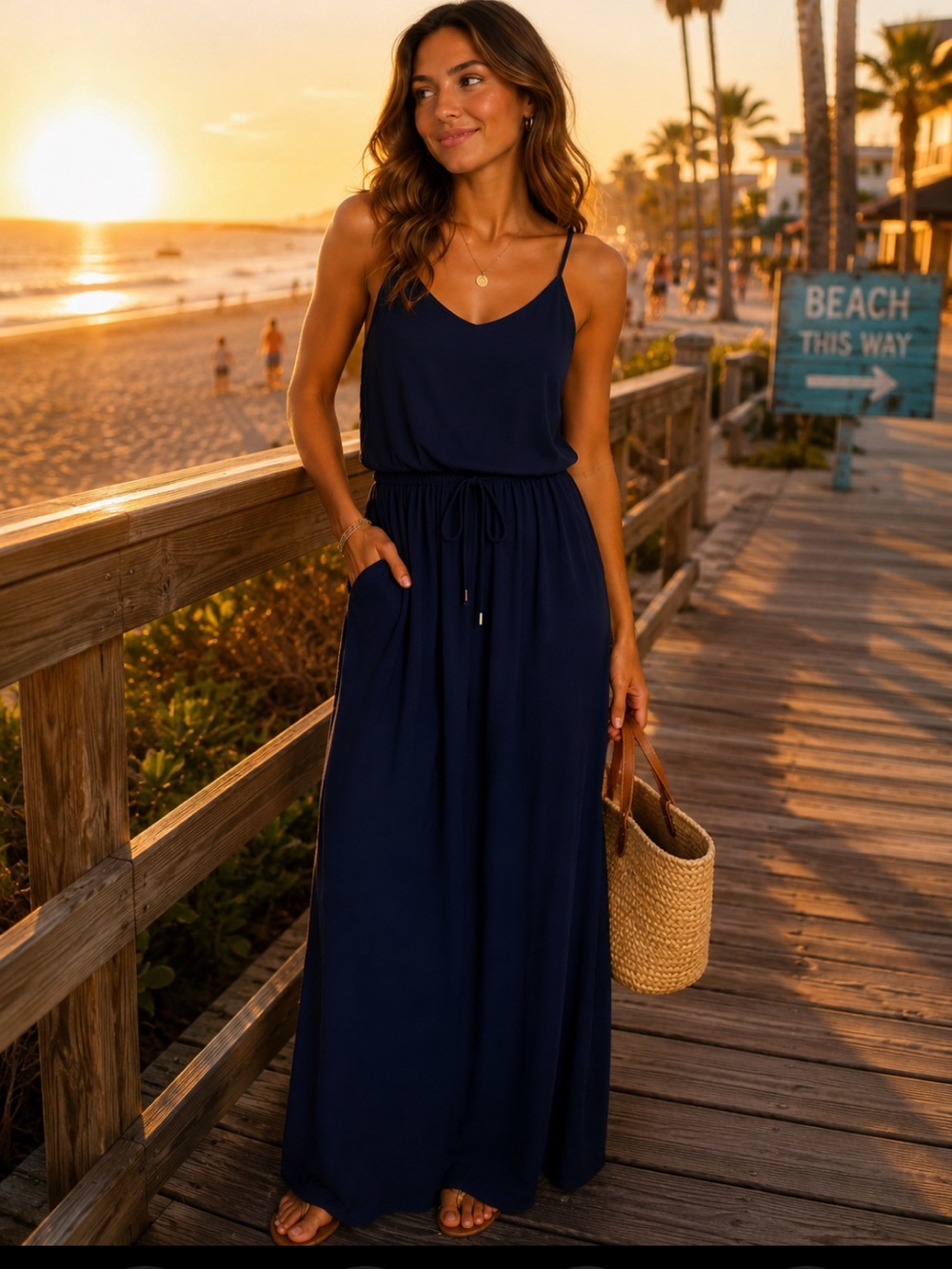 Three Eighty Two Women’s Navy Spaghetti-Strap Jumpsuit with Drawstring Waist
